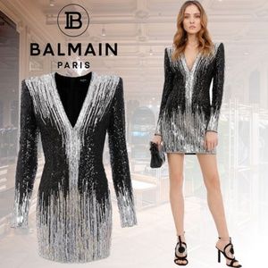 Balmain 2021 Short Black & Silver Sequined Dress